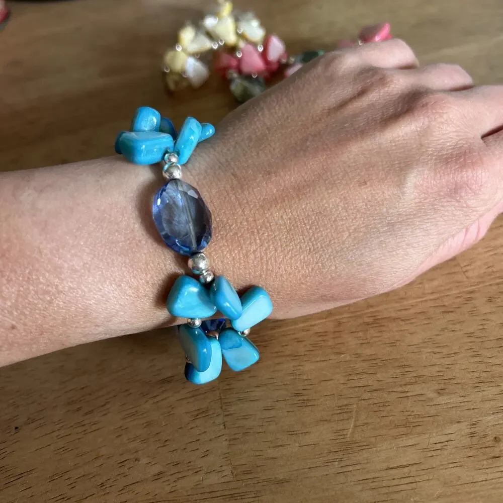 VTG Pink, Blue & Cream Shell Stretch Bracelet Beaded Lot Of 3